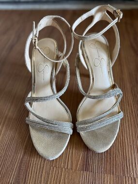 Jessica Simpson Rhinestone Strappy Heels Gold Glitter Ankle Strap Size 8